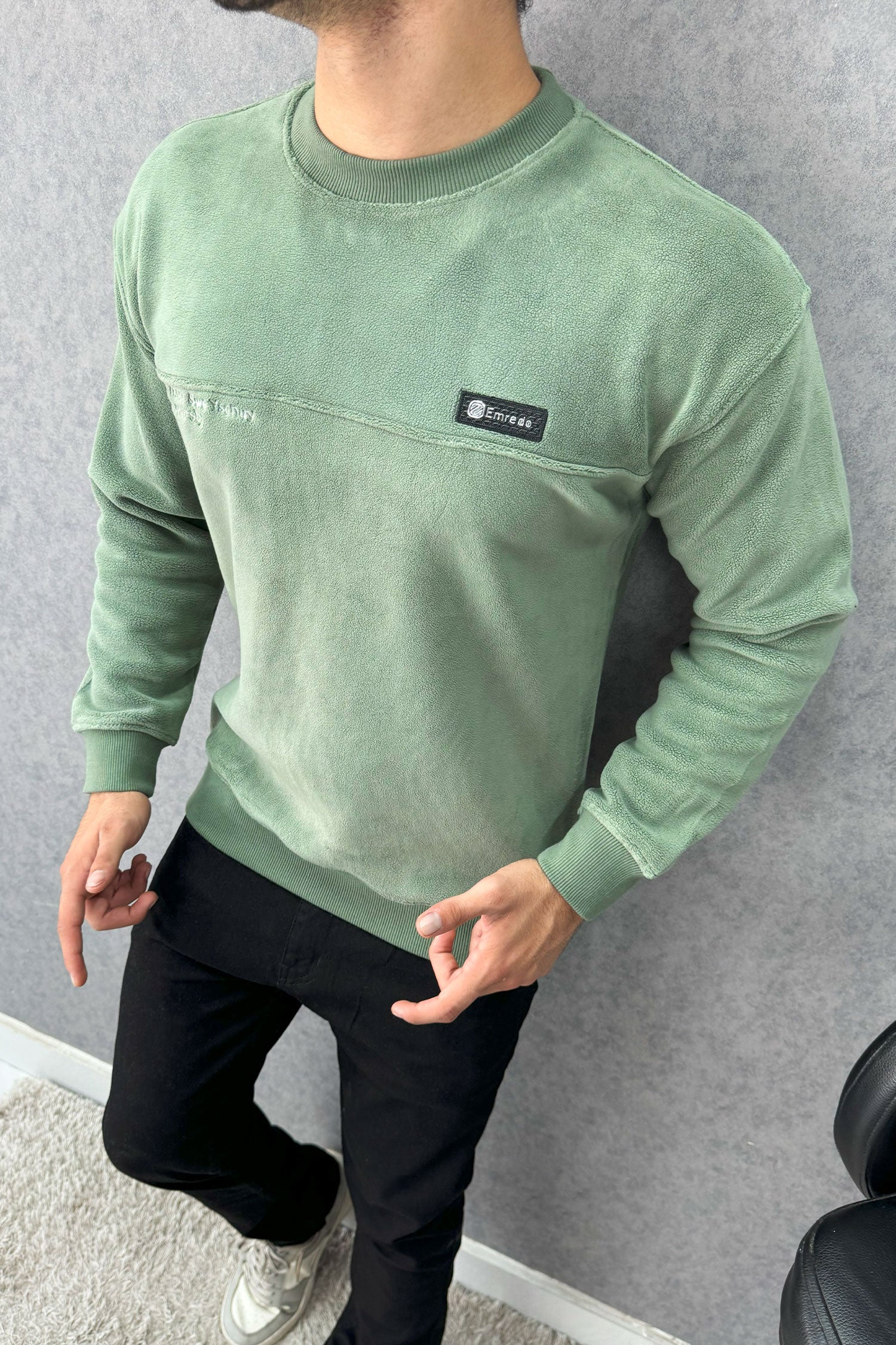 Stitch Motif Round Neck Imported Men's Sweatshirt