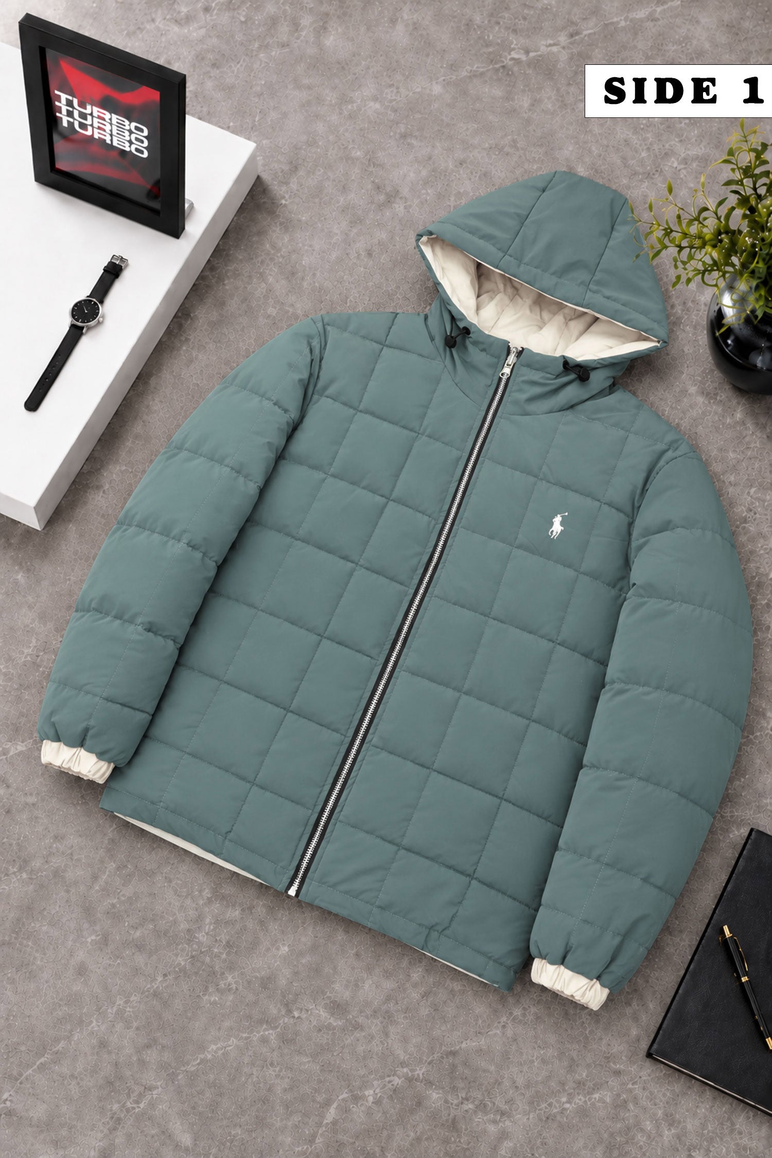 Polo Square-Pattern Dual Color Hooded Imported Puffer Jacket In Light Green