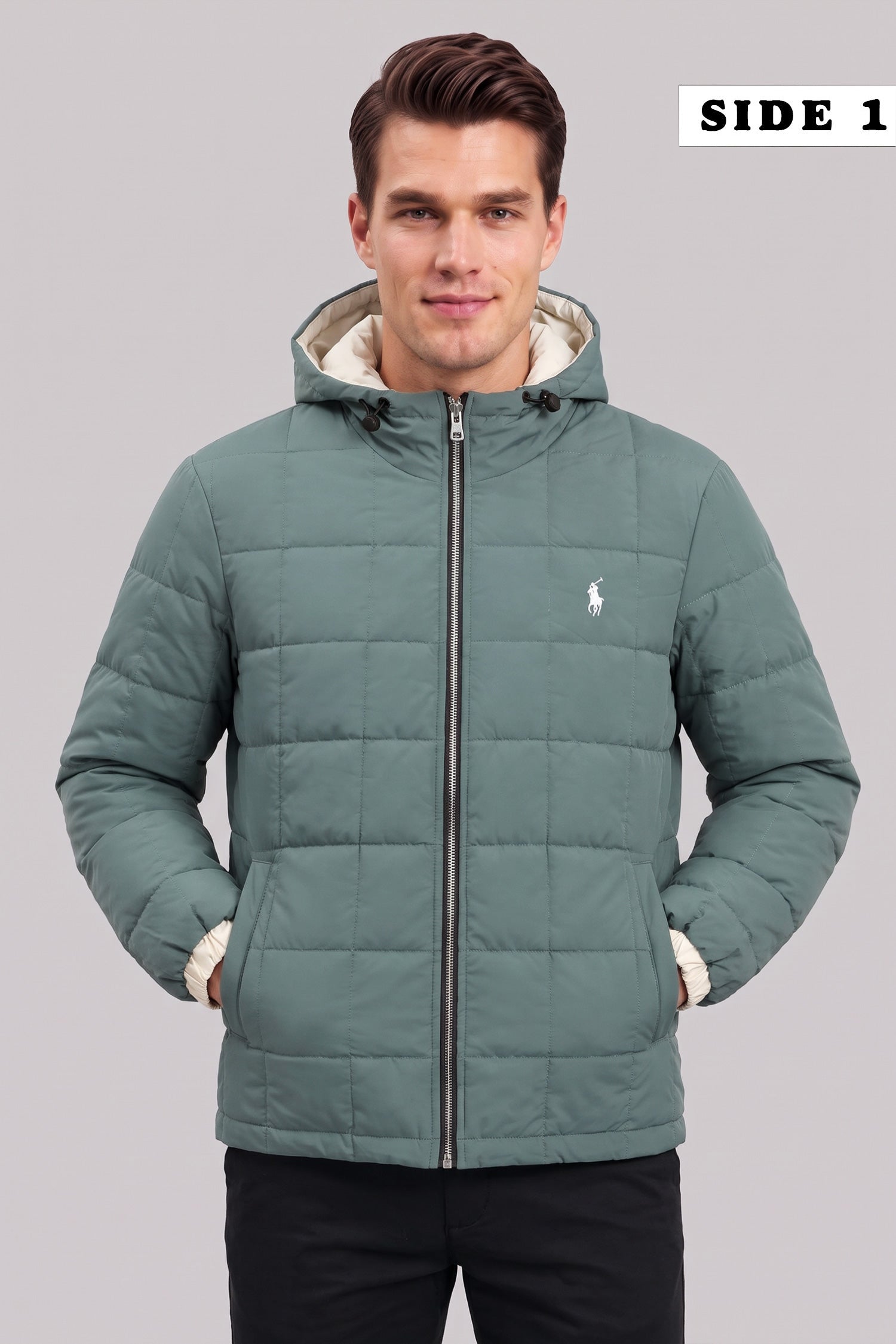 Polo Square-Pattern Dual Color Hooded Imported Puffer Jacket