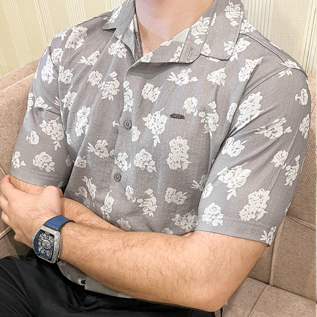 Turbo Rich Floral Printed Casual Shirt In Light Grey