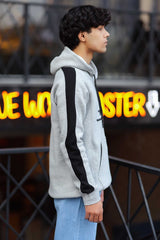 Turbo Panel Stripe Warm Fleece Hoodie In Light Grey