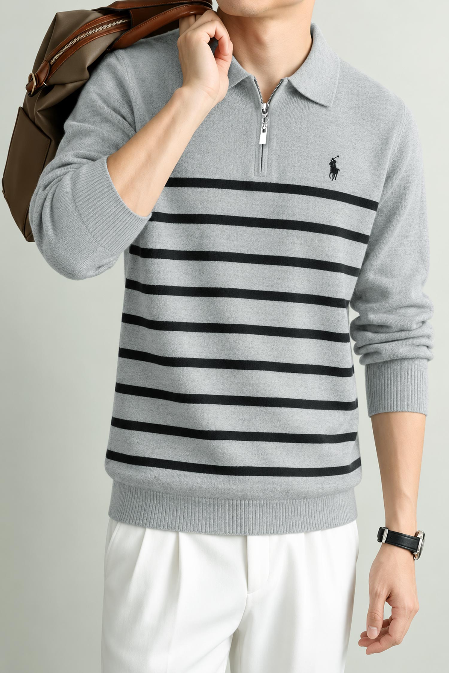 Polo Pony Classy Striped Half-Zip Imported Men's Jumper Sweater In Light Grey