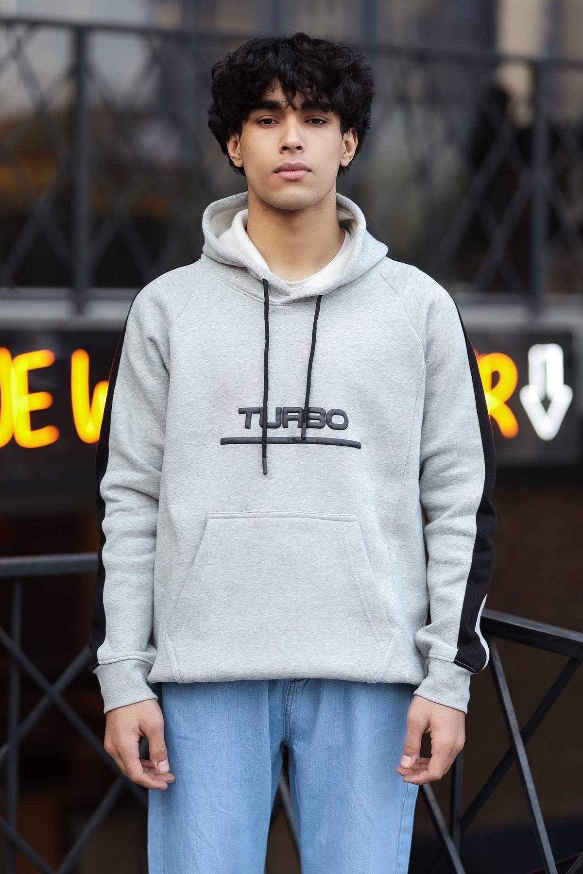 Turbo Panel Stripe Warm Fleece Hoodie In Light Grey