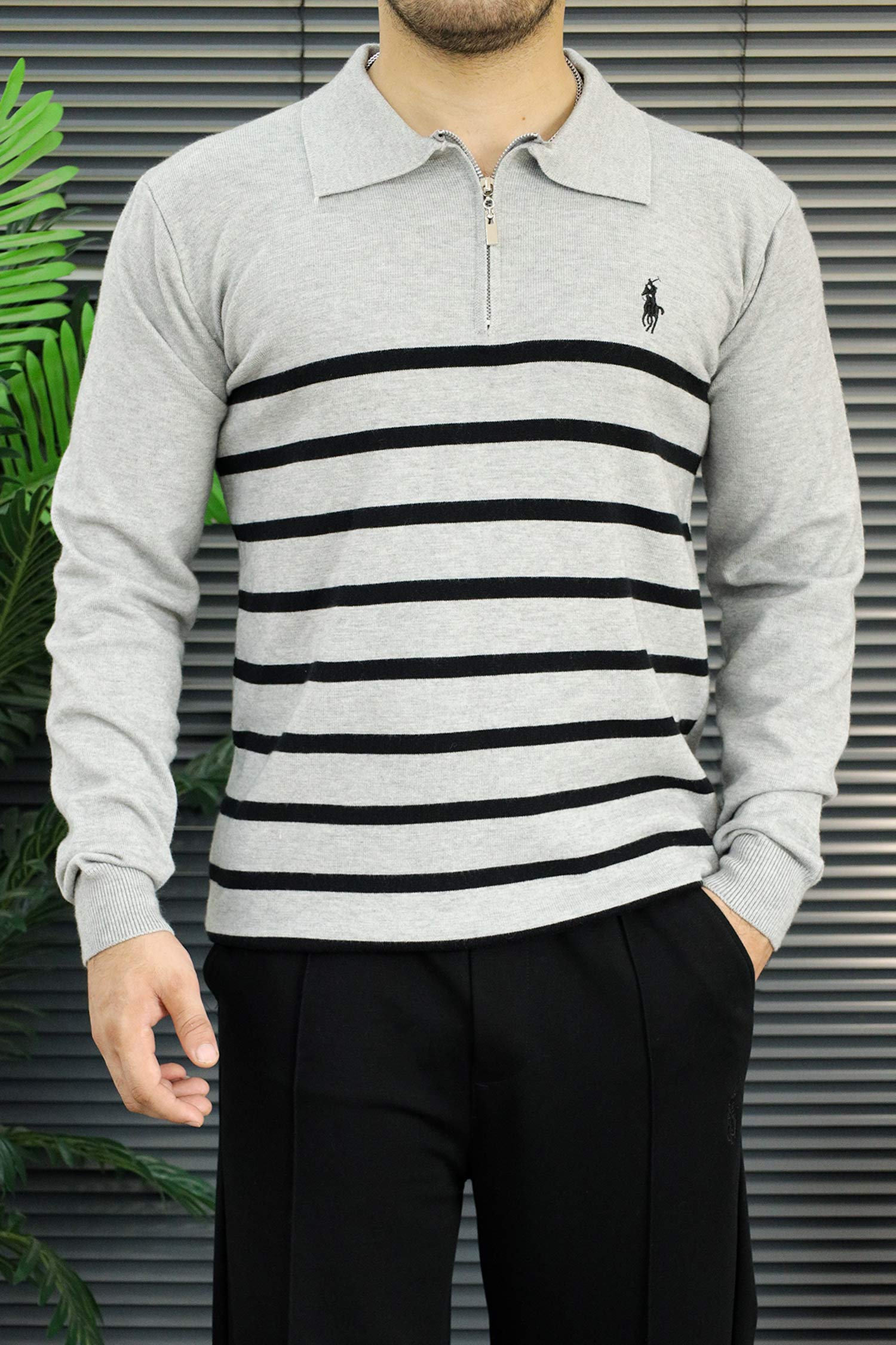 Polo Pony Classy Striped Half-Zip Imported Men's Jumper Sweater In Light Grey