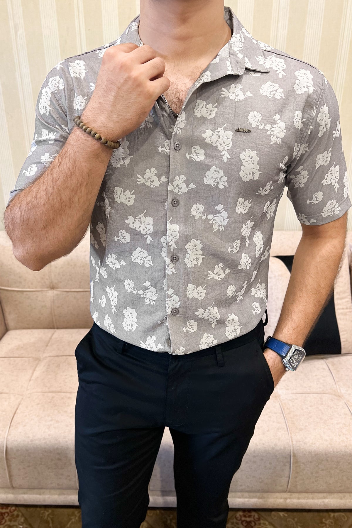 Turbo Rich Floral Printed Casual Shirt In Light Grey