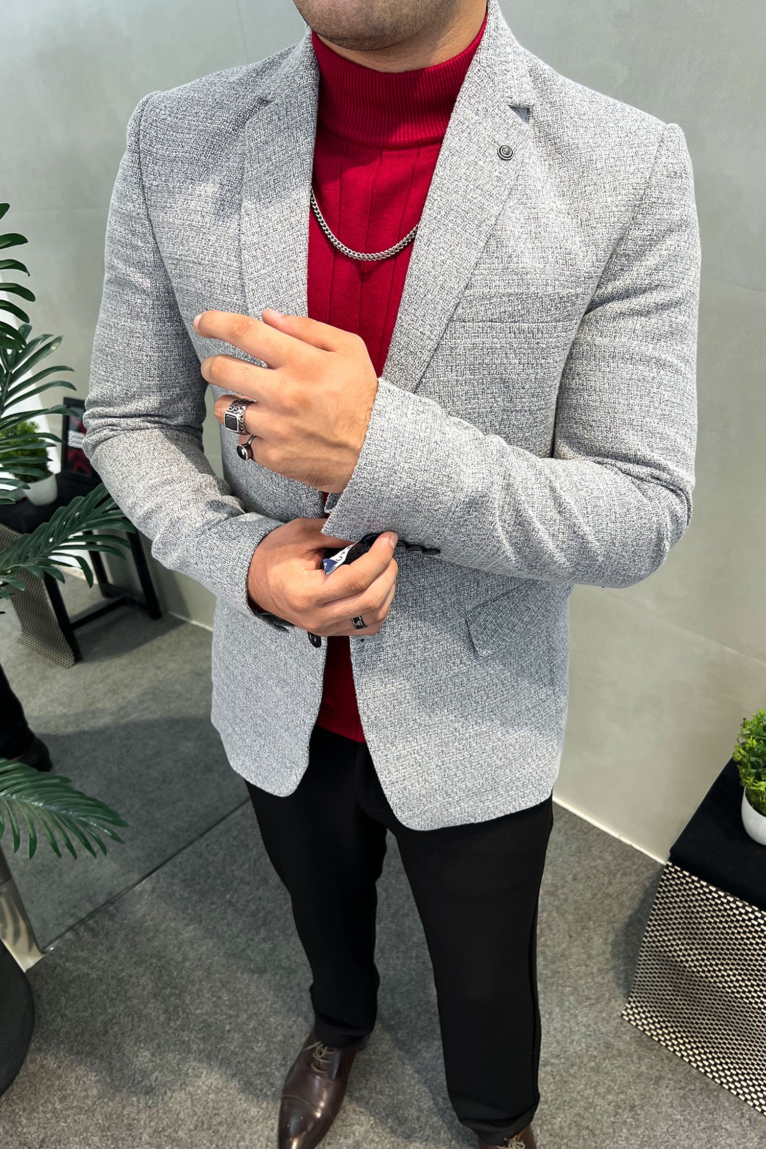 Turbo Cross-Hatch Texture Imported Men Blazer In Light Grey