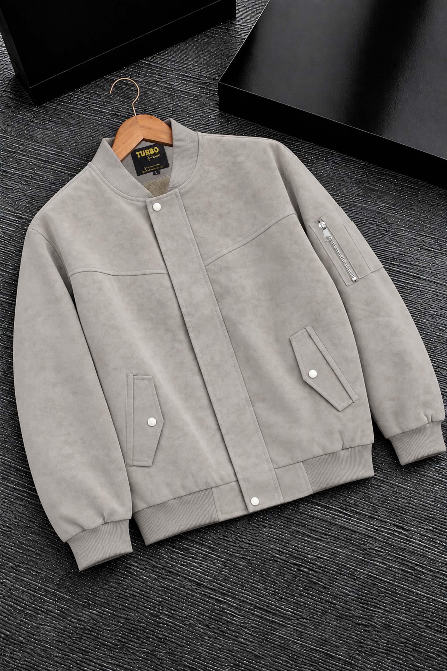 Turbo Minimal Multi-Pockets Imported Suede Leather Jacket In Black Light Grey
