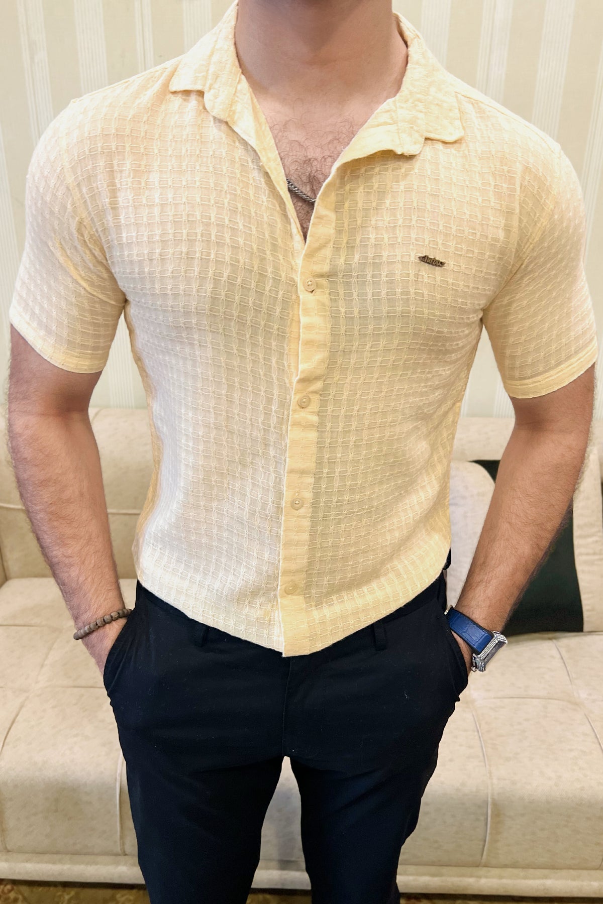 Turbo Designer Motif Embossed Casual Shirt In Light Lemon