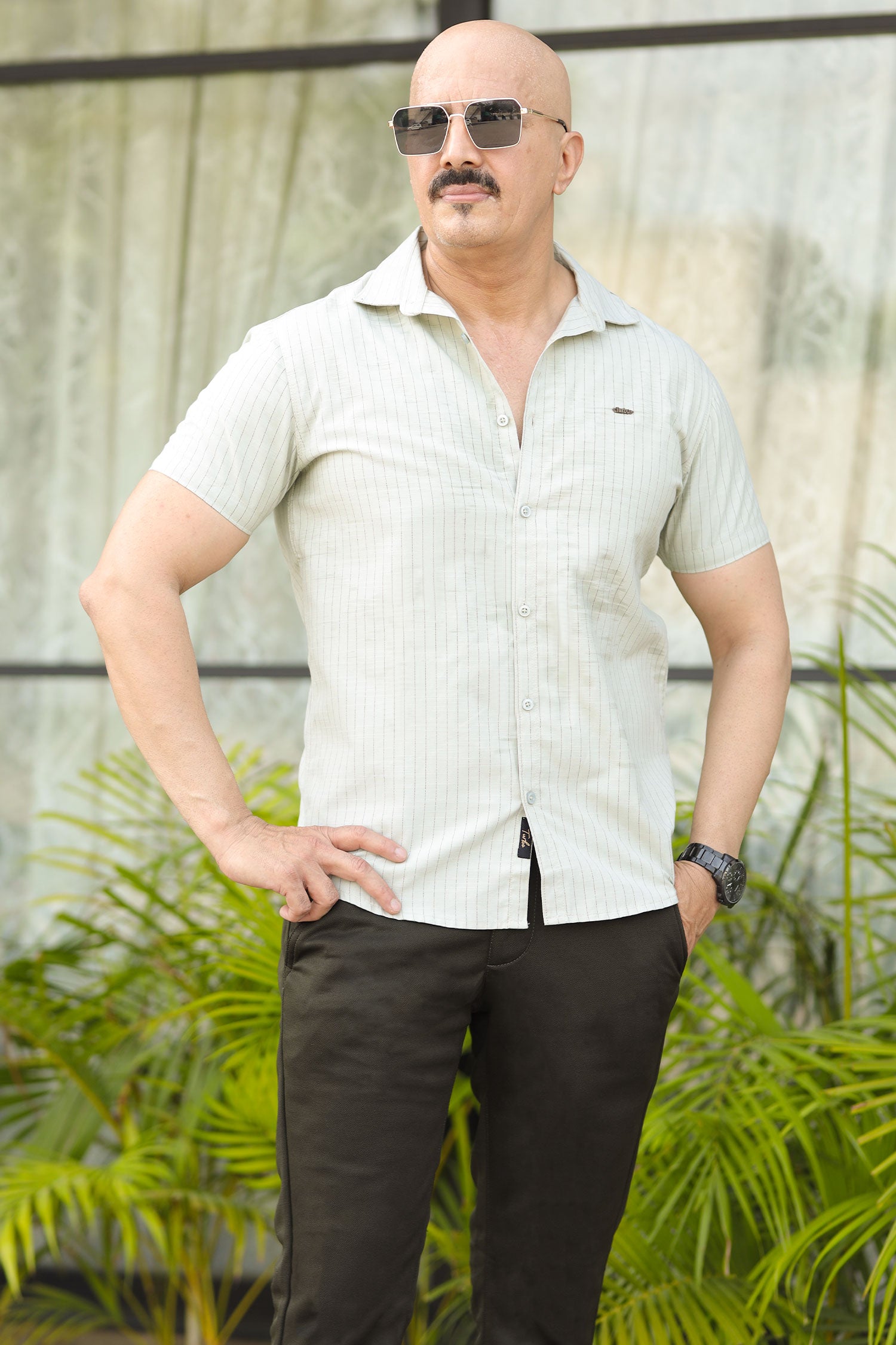 Turbo Creamline Striped Comfort Casual Shirt In Light Moss Green