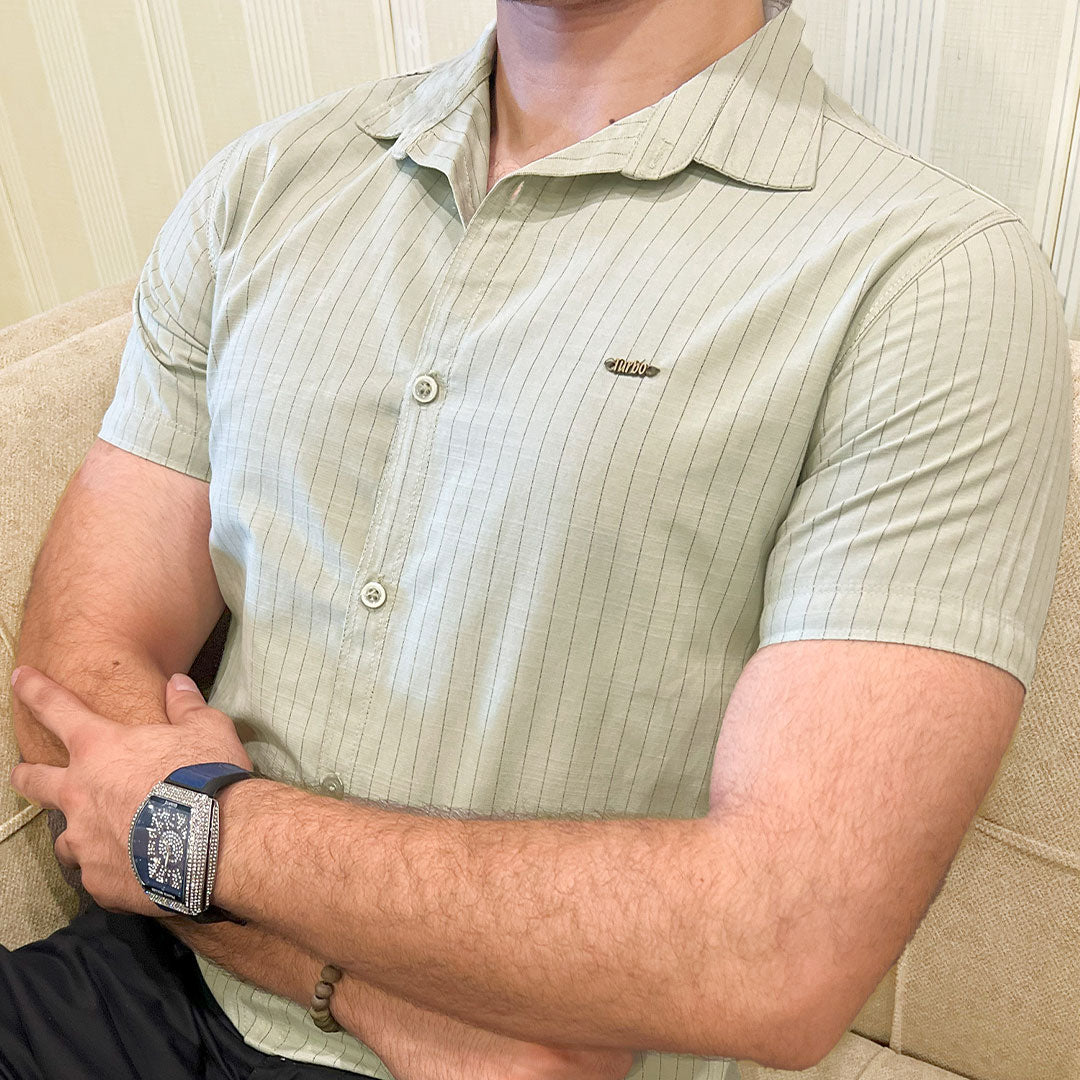 Turbo Creamline Striped Comfort Casual Shirt In Light Moss Green