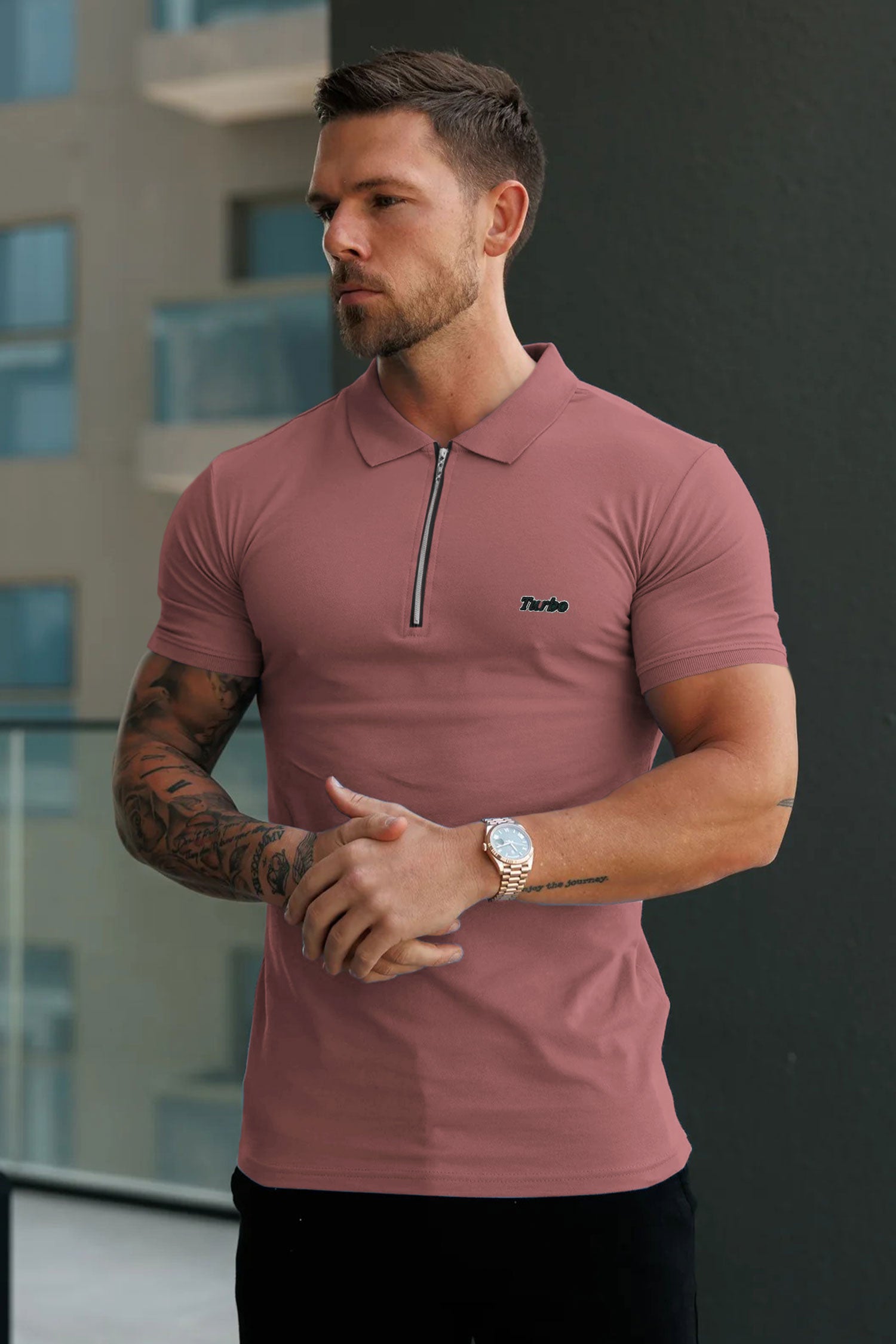 Turbo Signature Script Zip-Placket Men's Polo Shirt