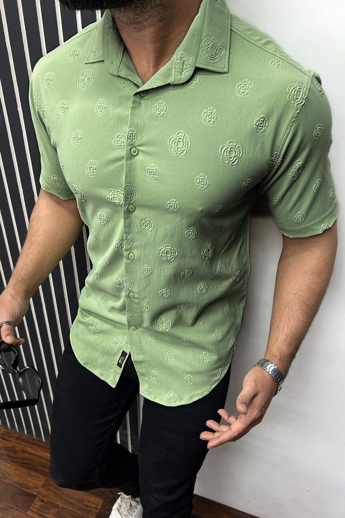 Embossed Floral All Over Casual Shirt In Light Mint