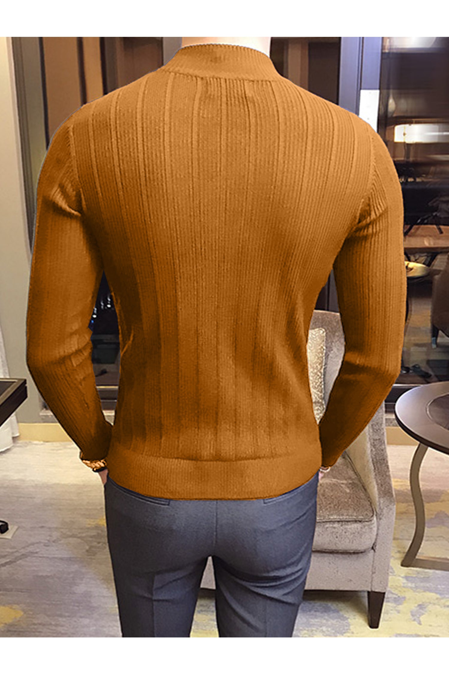 Fashion Slim Striped Motif Mock Neck Men's Sweatshirt In Light Orange