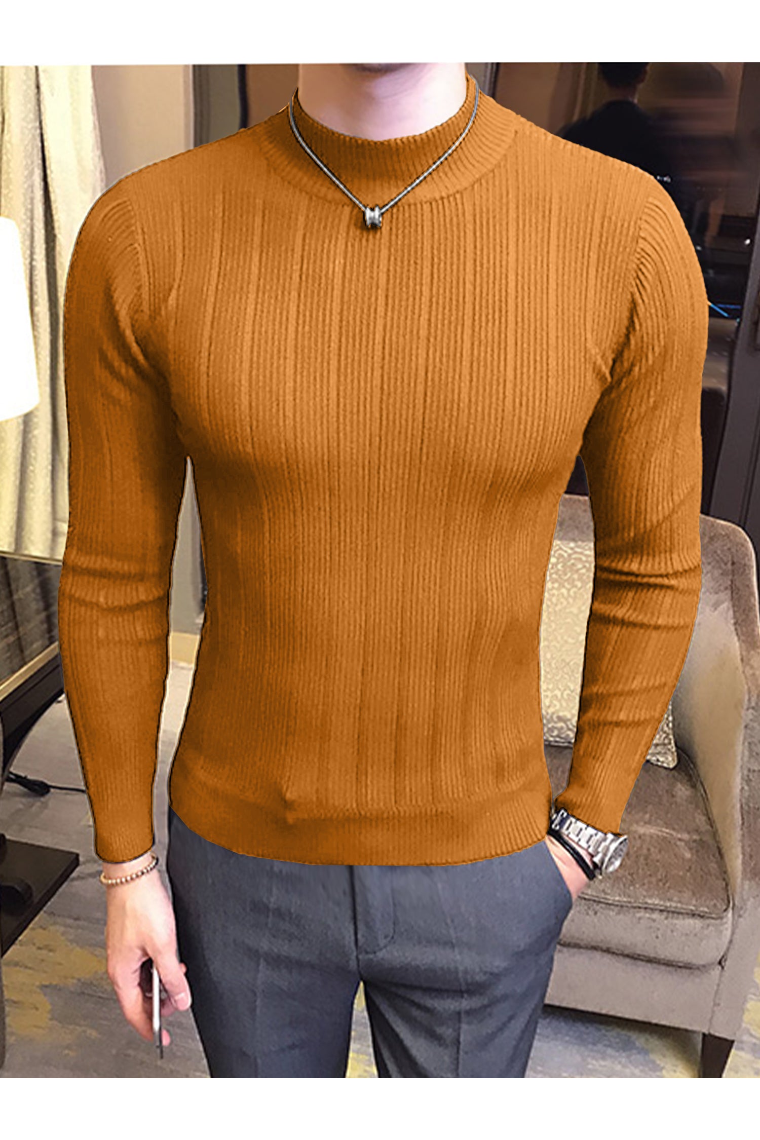 Fashion Slim Striped Motif Mock Neck Men's Sweatshirt