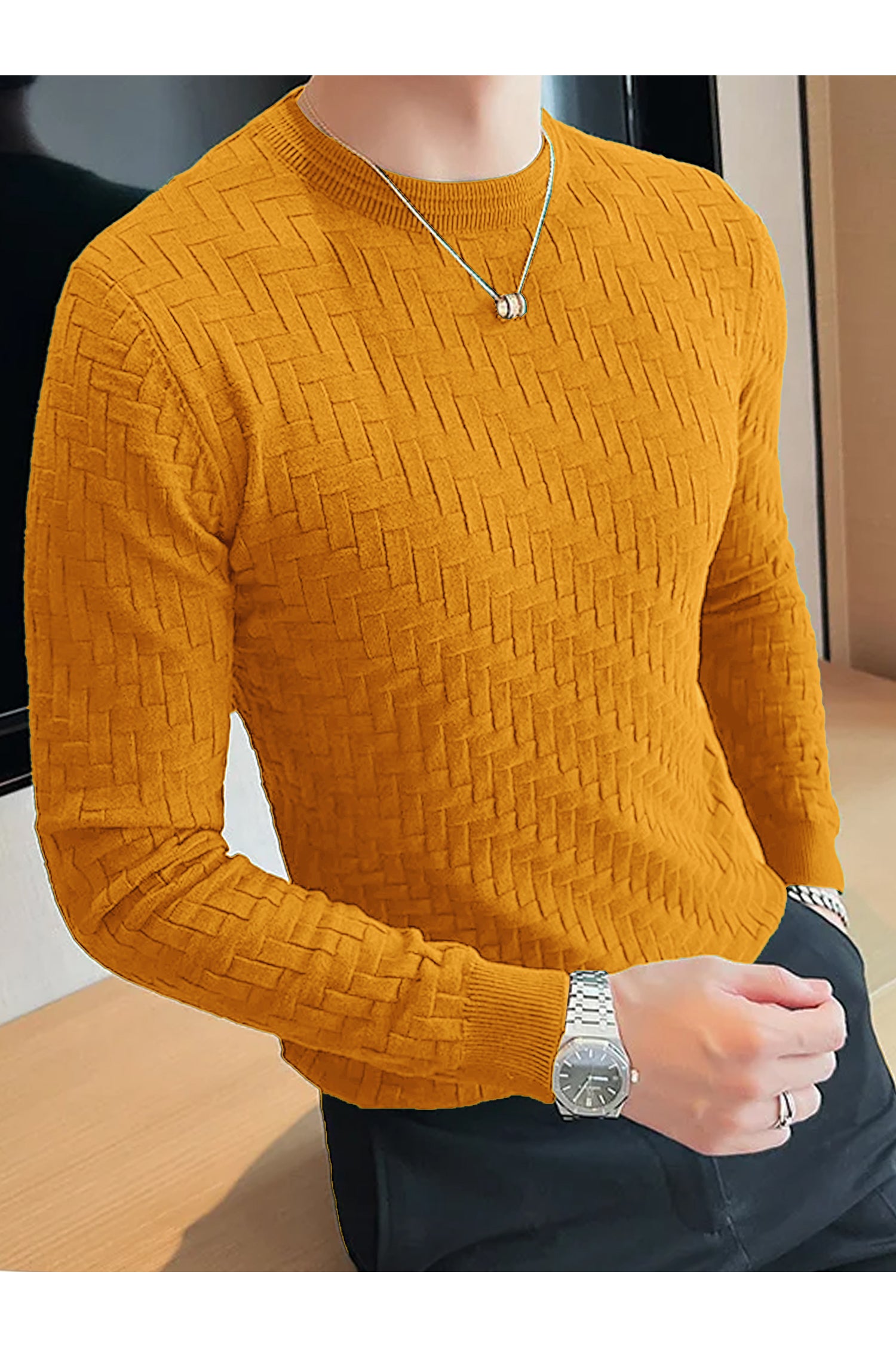 Mountain Friendly Cable Knit Sweater Style Crew Neck Men's Sweatshirt