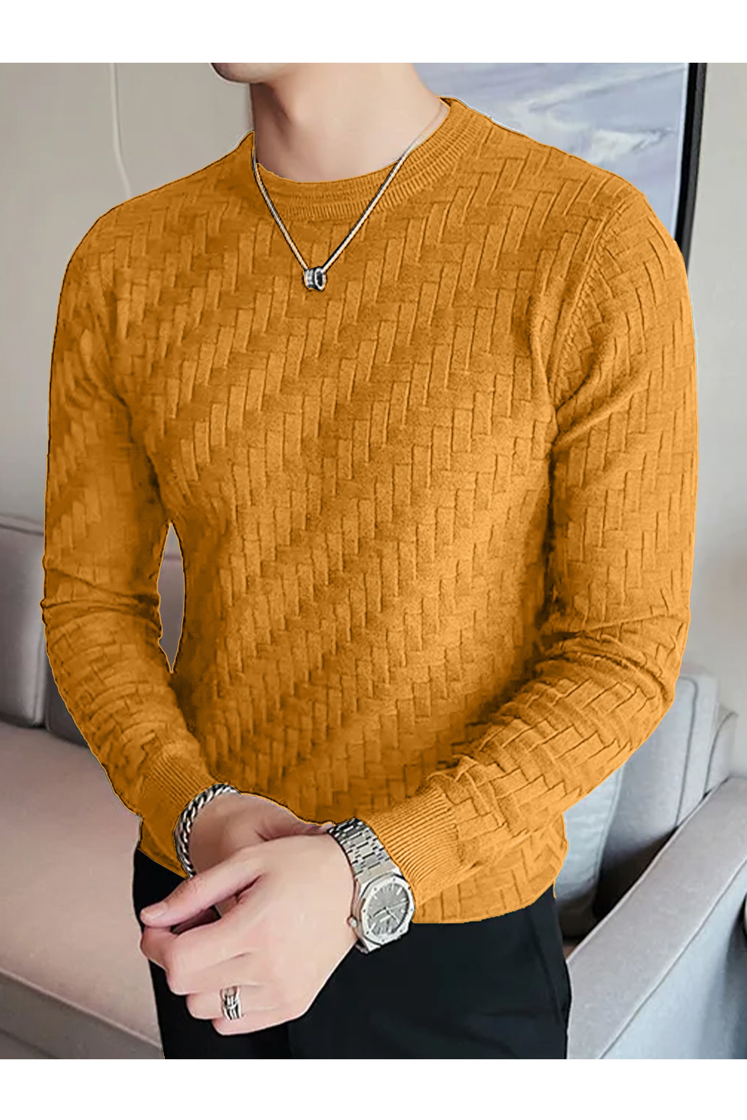 Mountain Friendly Cable Knit Sweater Style Crew Neck Men's Sweatshirt