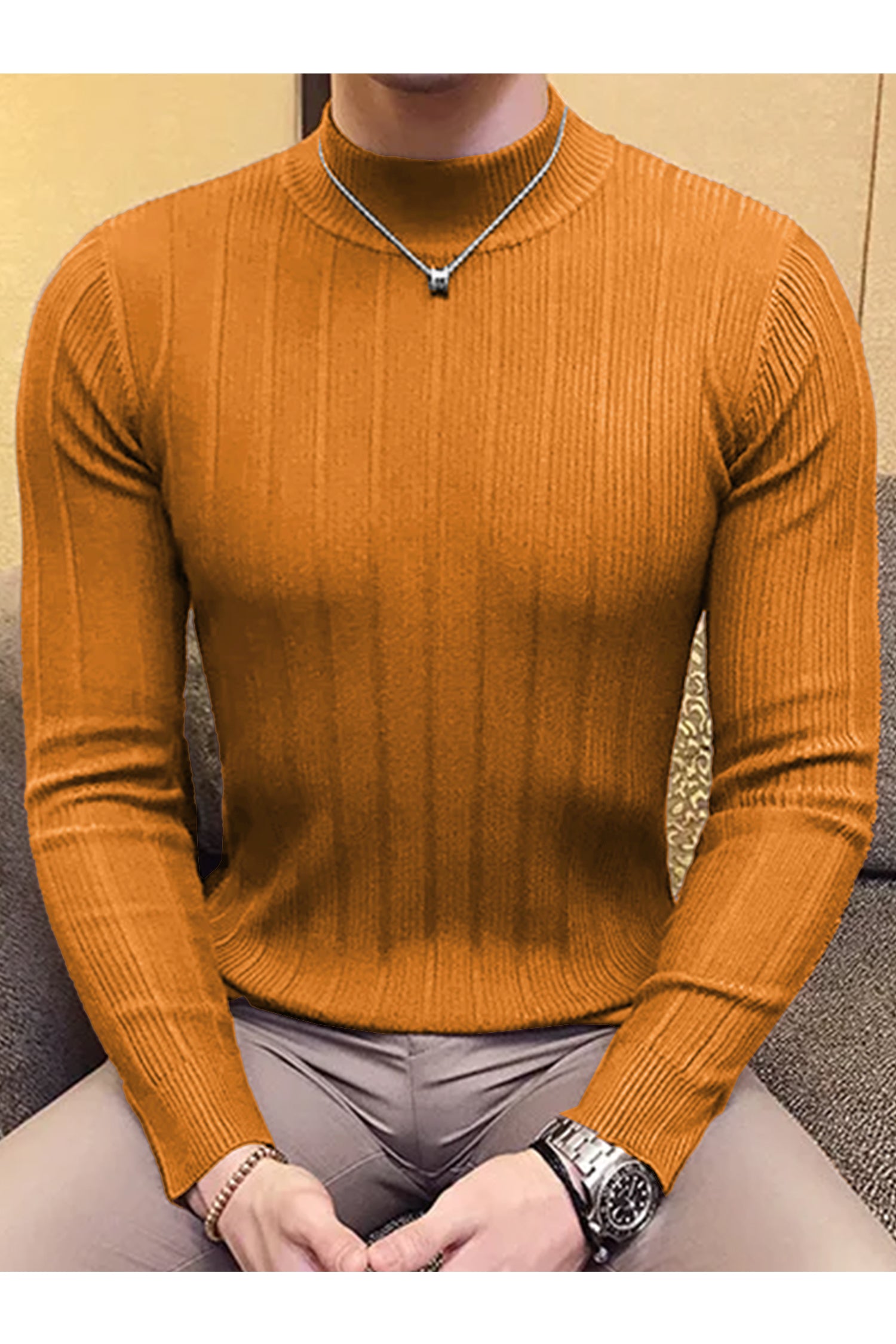 Fashion Slim Striped Motif Mock Neck Men's Sweatshirt