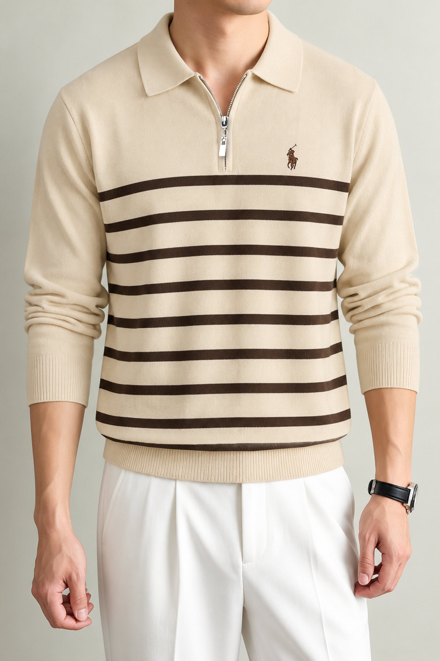 Polo Pony Classy Striped Half-Zip Imported Men's Jumper Sweater In Light Skin