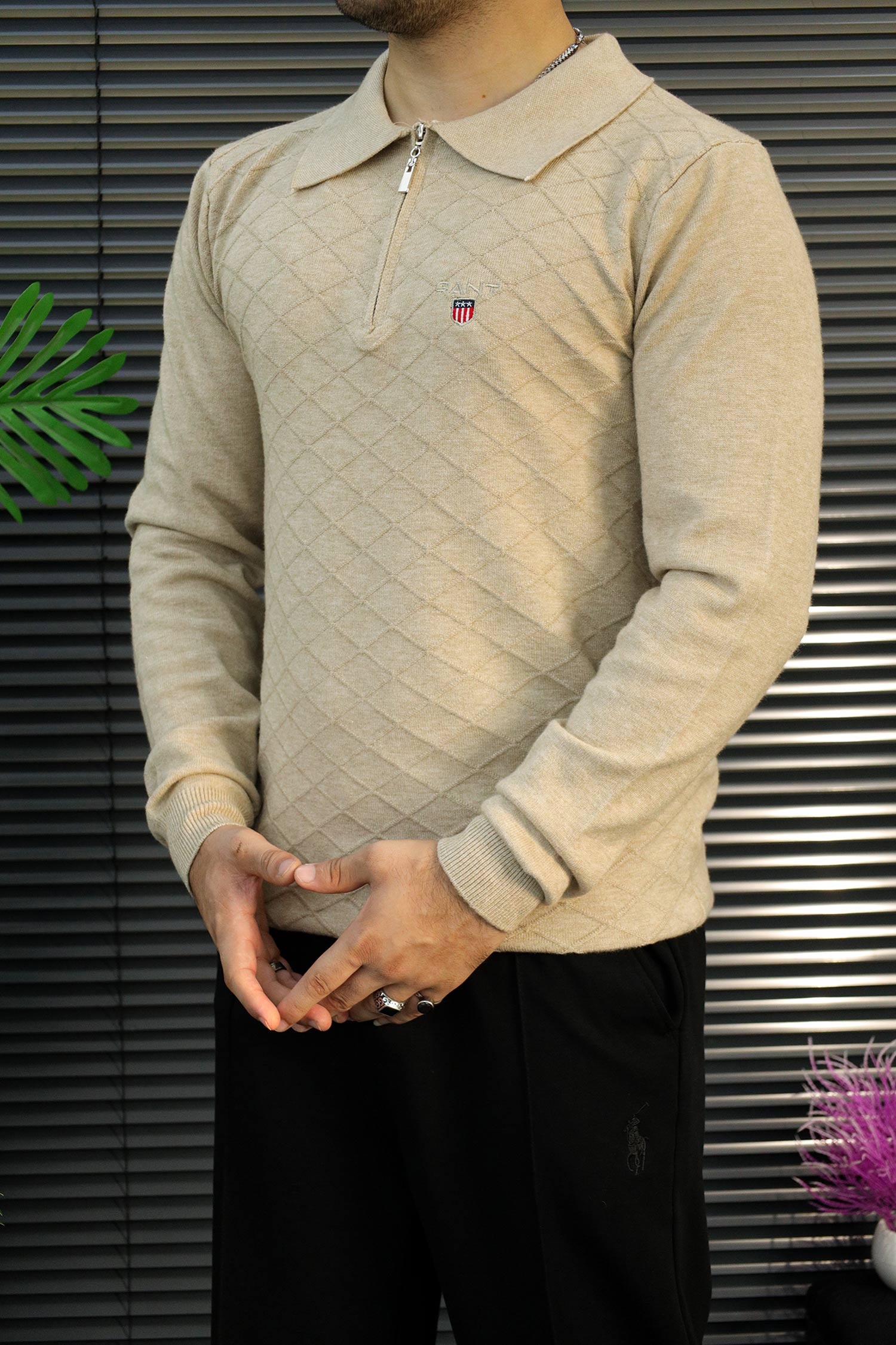Gnt Diamond Textured Quarter-Zip Imported Men's Jumper Sweater In Light Skin