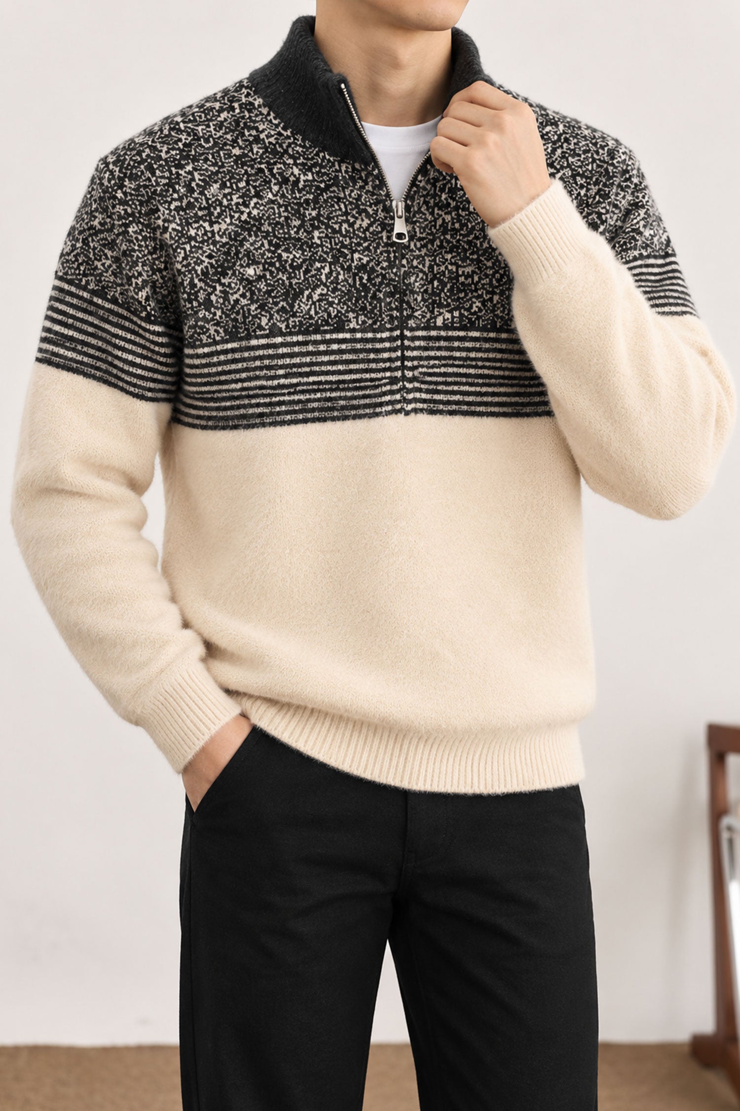 Organic Color-Block Quarter-Zip Imported Rabbit Wool Men's Sweater In Light Skin