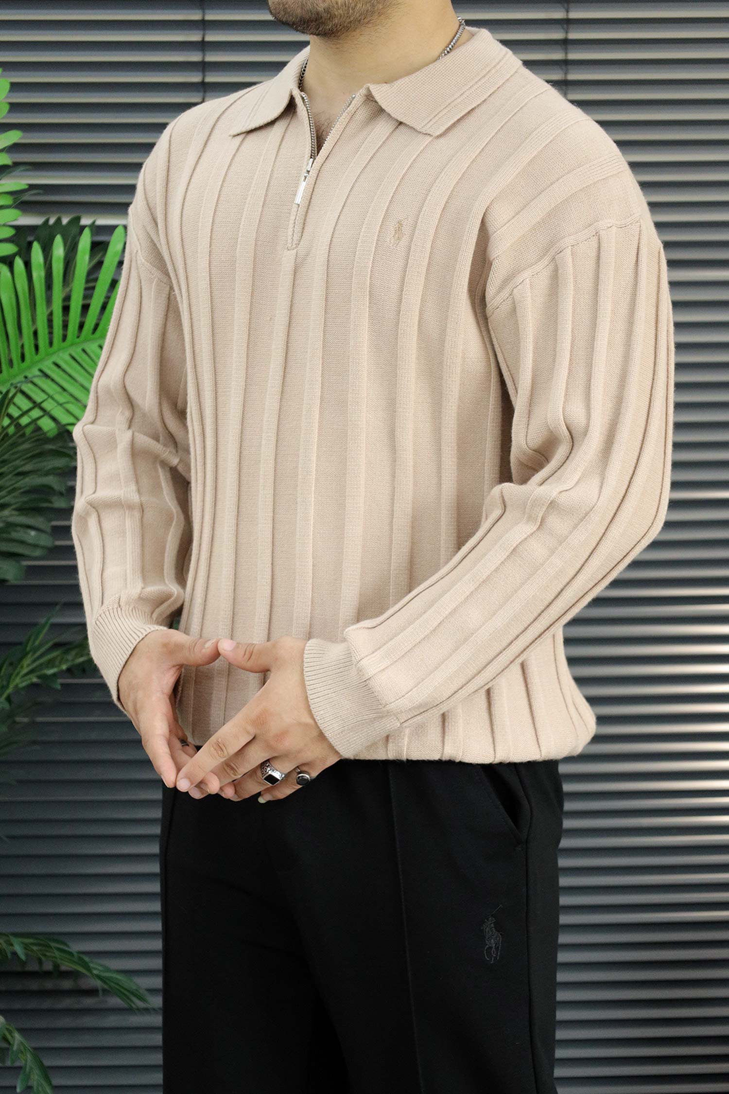 Turbo X Polo Ribbed Texture Quarter-Zip Imported Men's Jumper Sweater In Light Skin