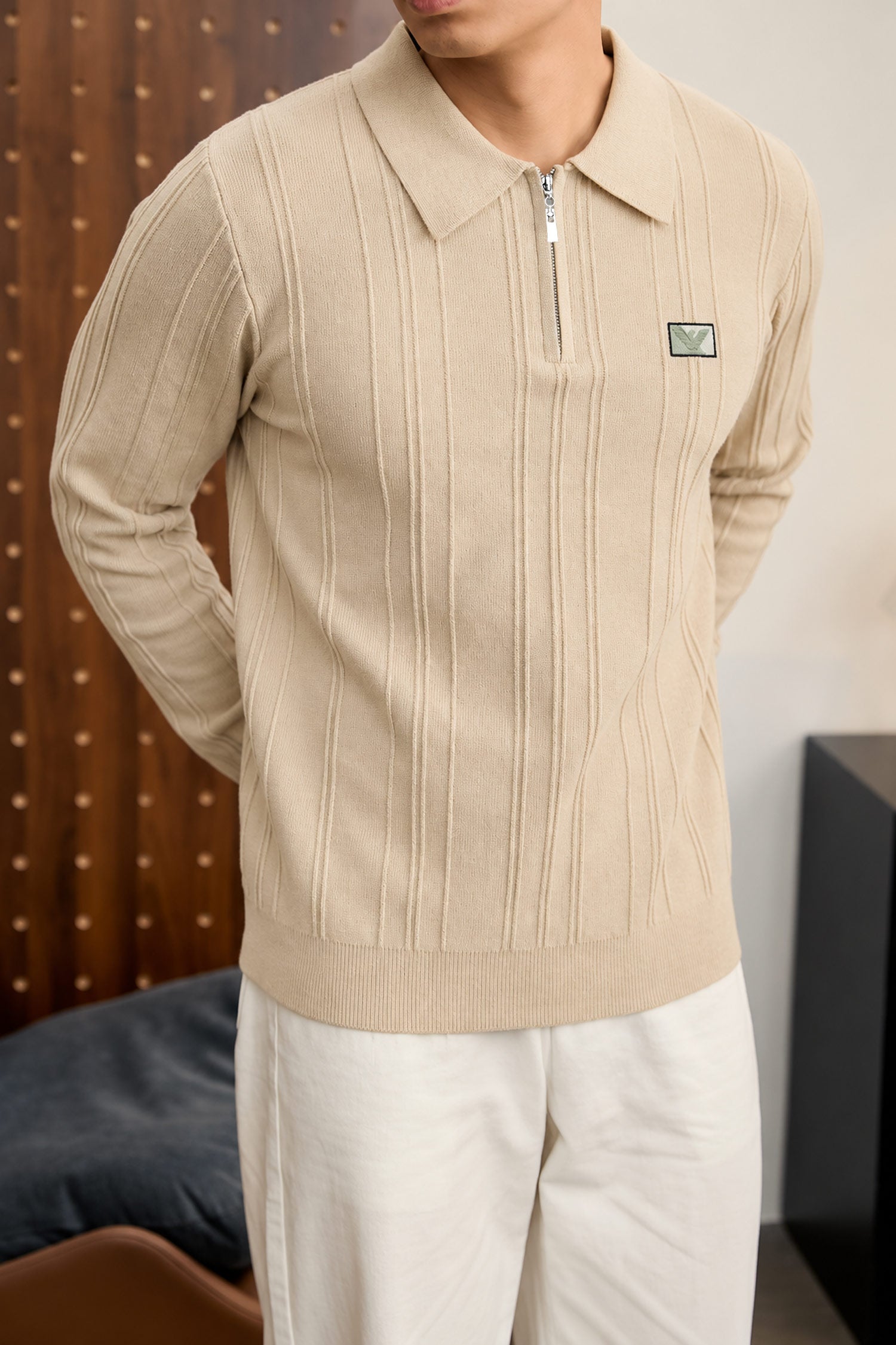 Armni Fine-Knit Collared Zipper Imported Men's Jumper Sweater In Light Skin