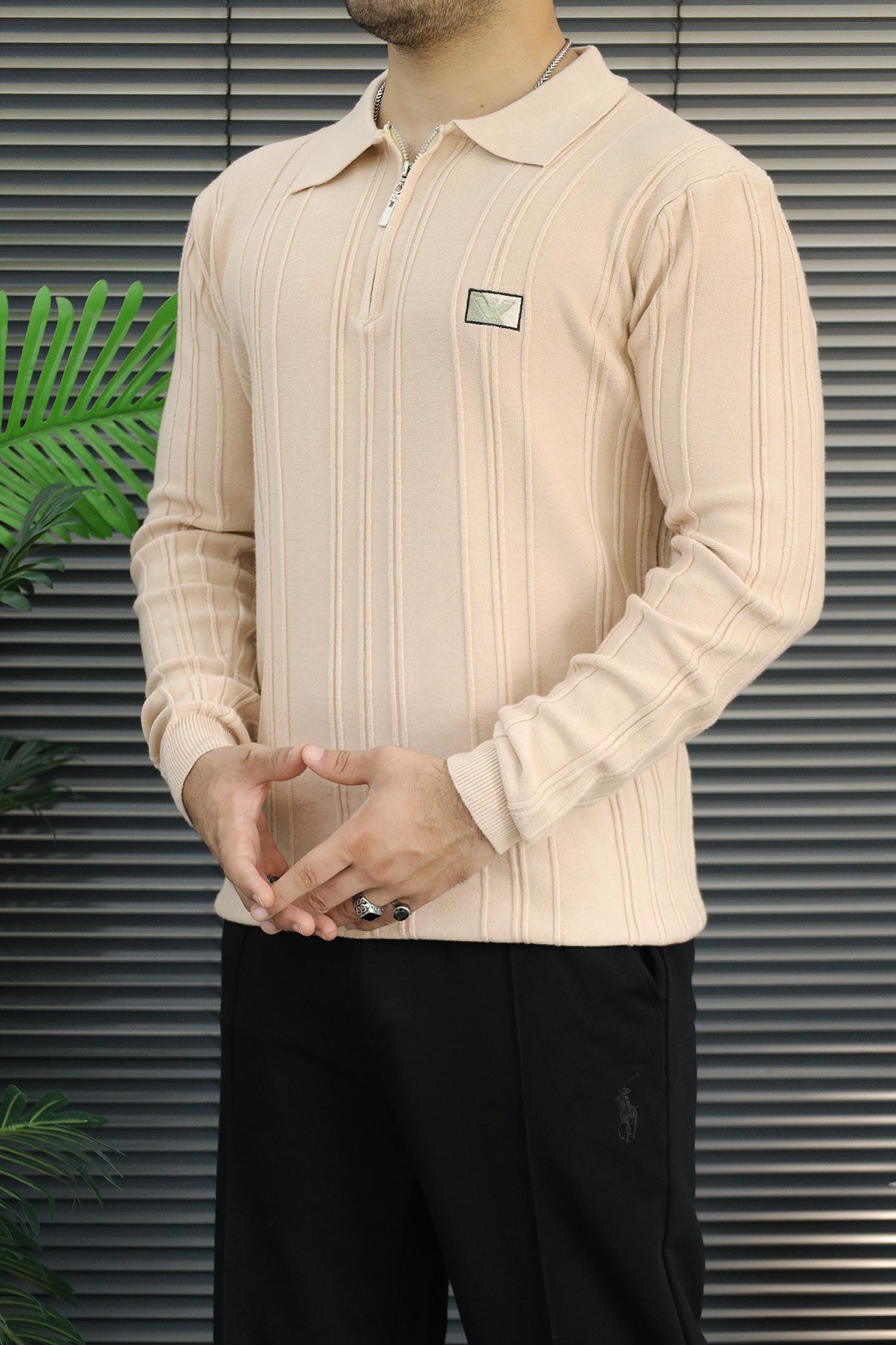 Armni Fine-Knit Collared Zipper Imported Men's Jumper Sweater In Light Skin
