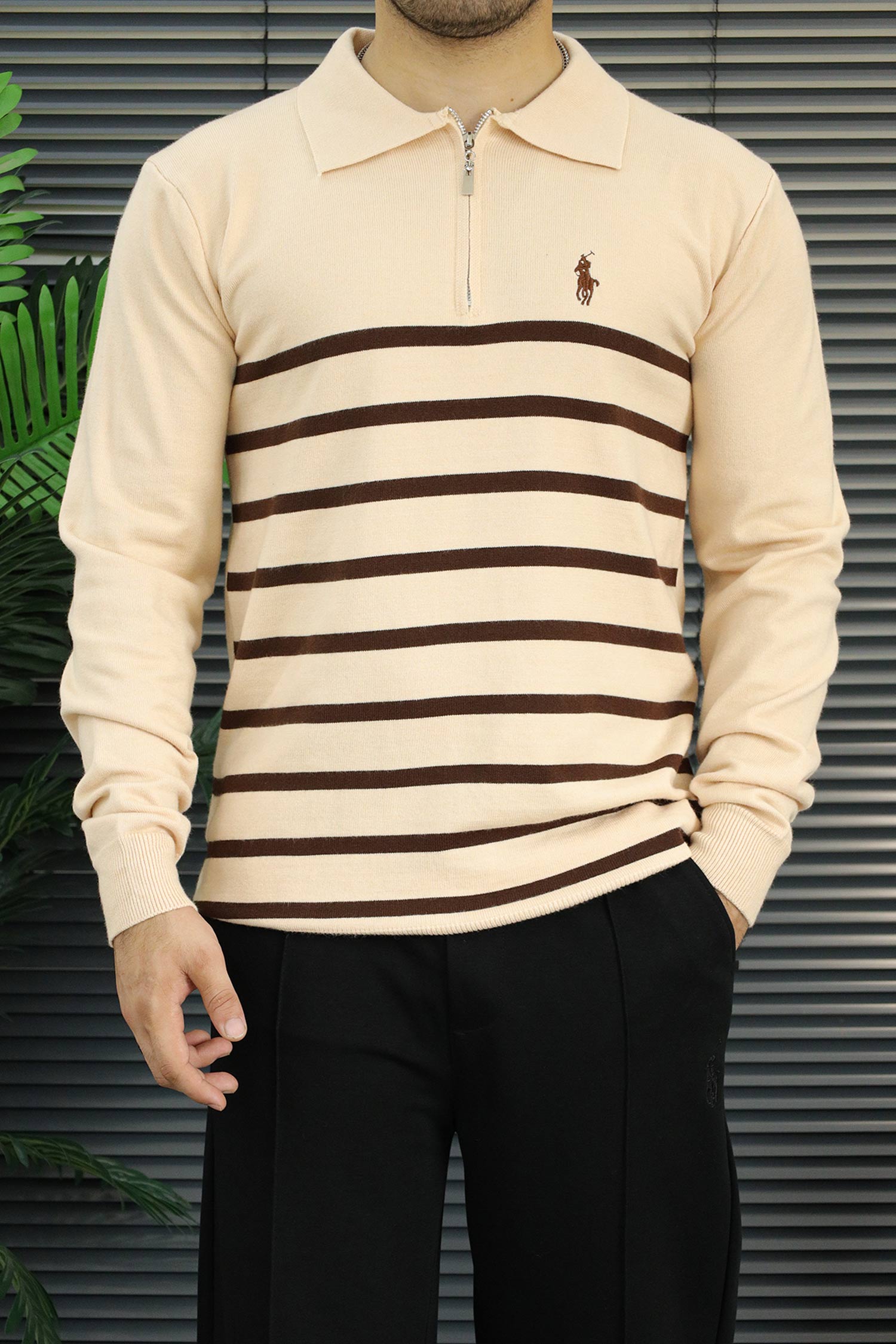 Polo Pony Classy Striped Half-Zip Imported Men's Jumper Sweater In Light Skin