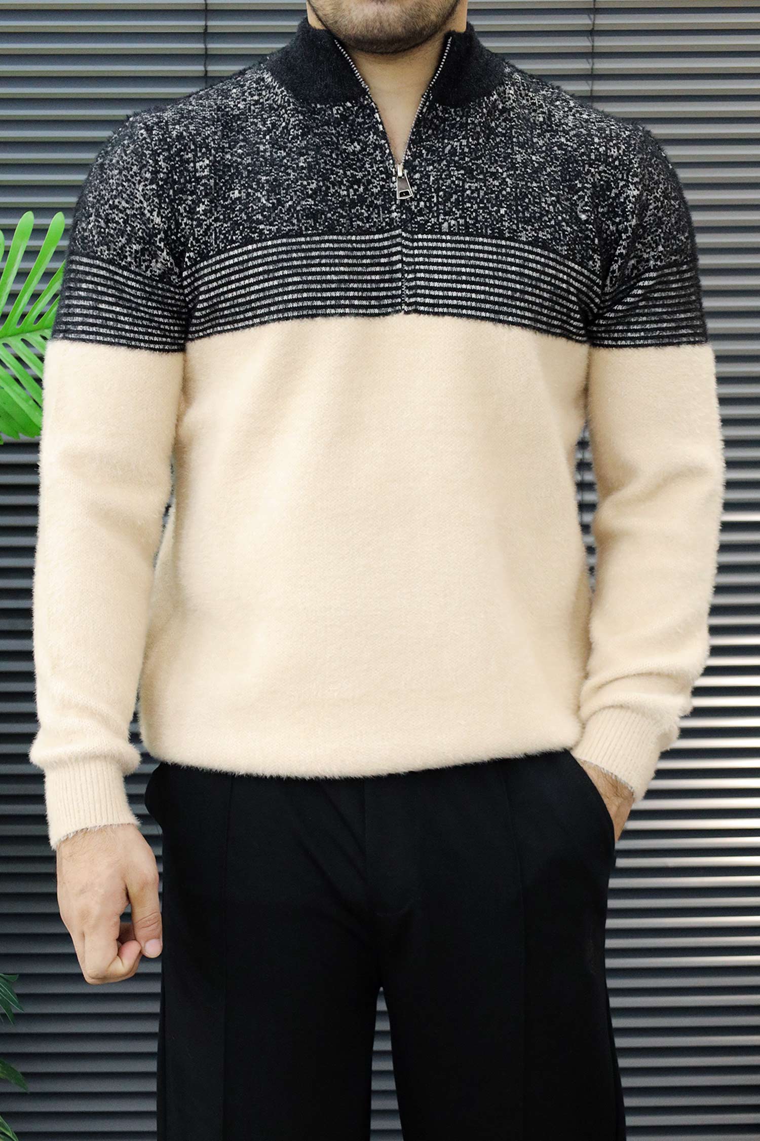 Organic Color-Block Quarter-Zip Imported Rabbit Wool Men's Sweater In Light Skin