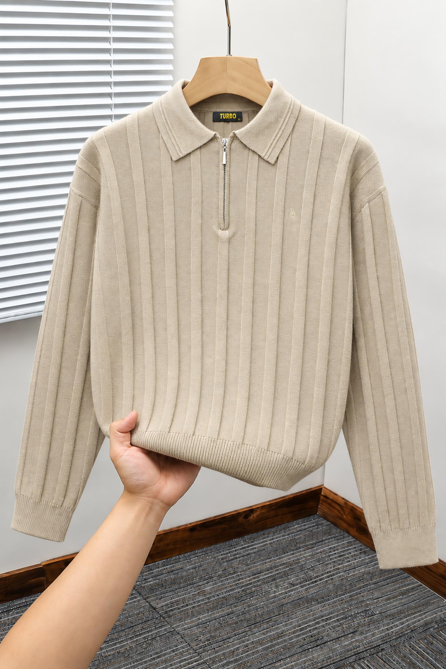 Turbo X Polo Ribbed Texture Quarter-Zip Imported Men's Jumper Sweater In Light Skin