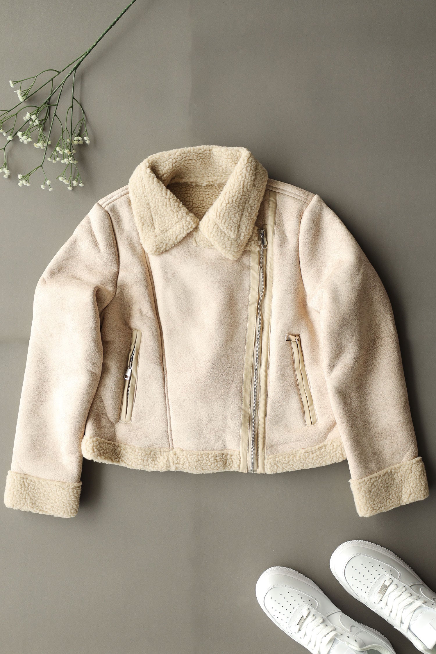 Glamorous Sherpa Inside Panel Women Imported Suede Jacket