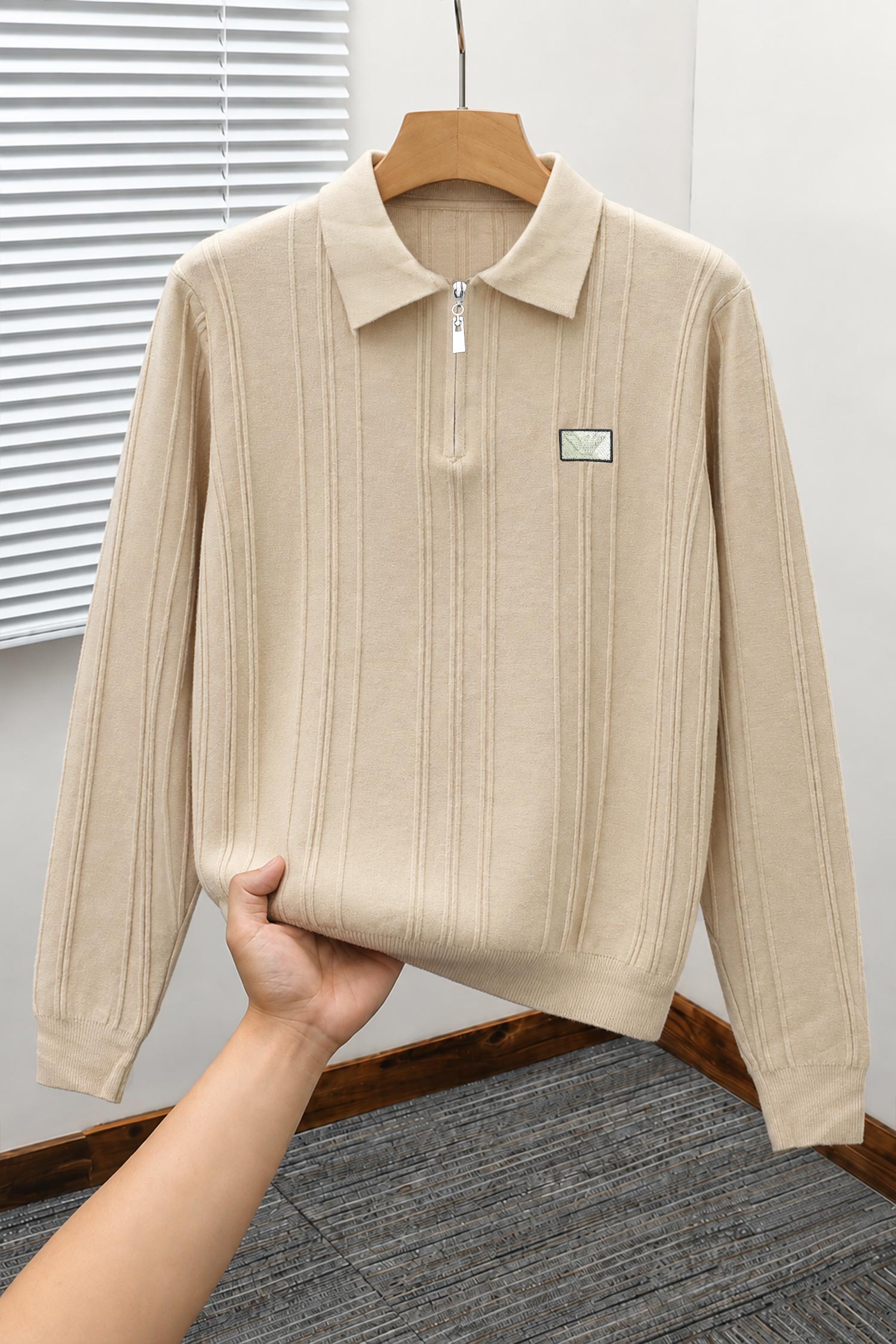 Armni Fine-Knit Collared Zipper Imported Men's Jumper Sweater In Light Skin