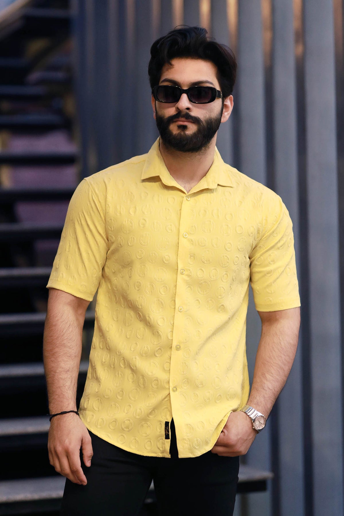 Embossed  Circles All Over Casual Shirt Light Yellow