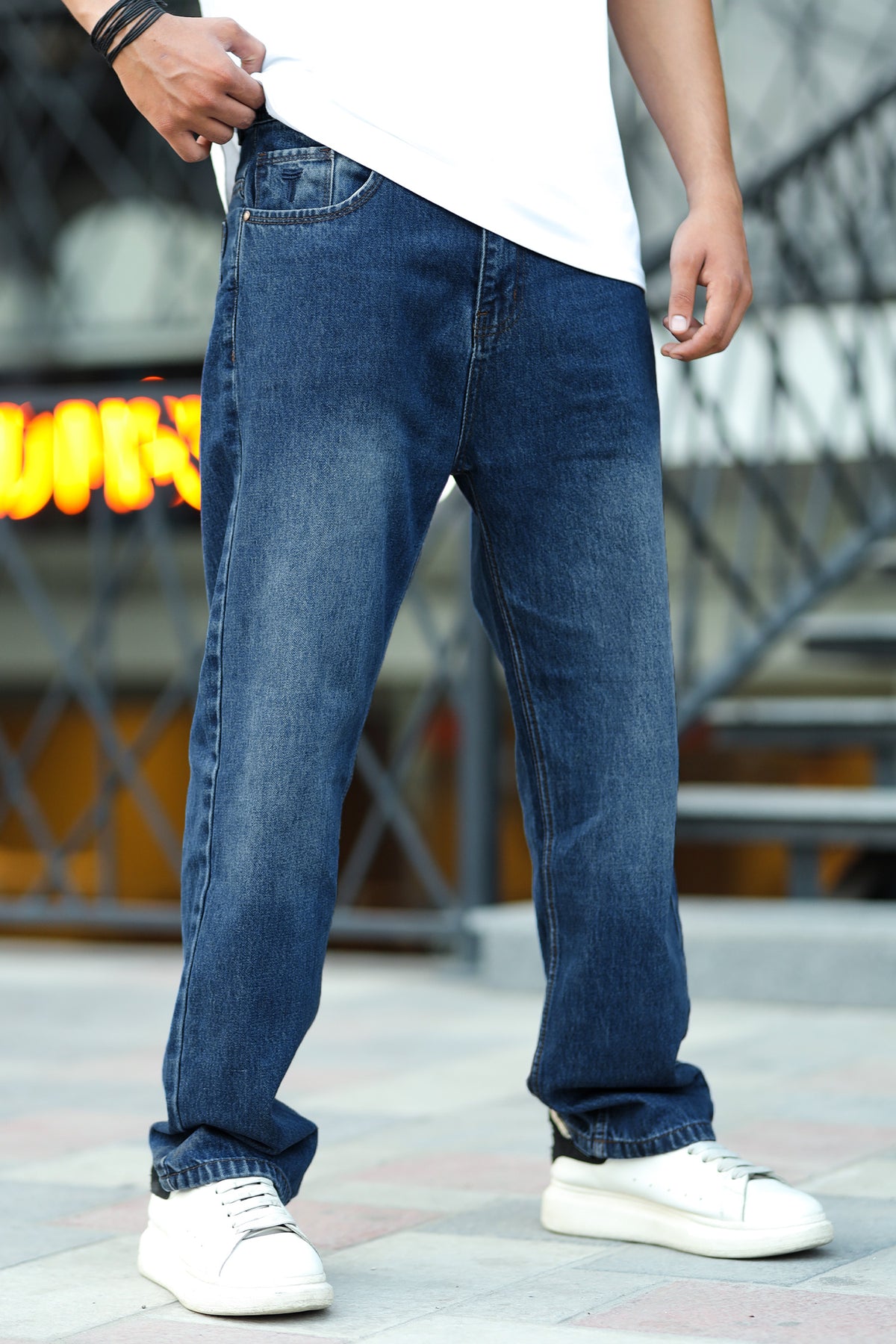 Loose Fit Faded Style Turbo Jeans in Mid Blue