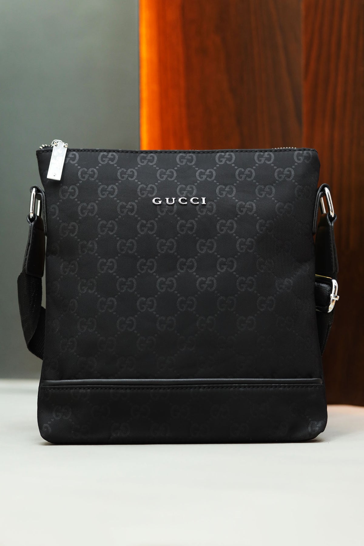 Guci Imported All Over Print Cross Body Bag in Black