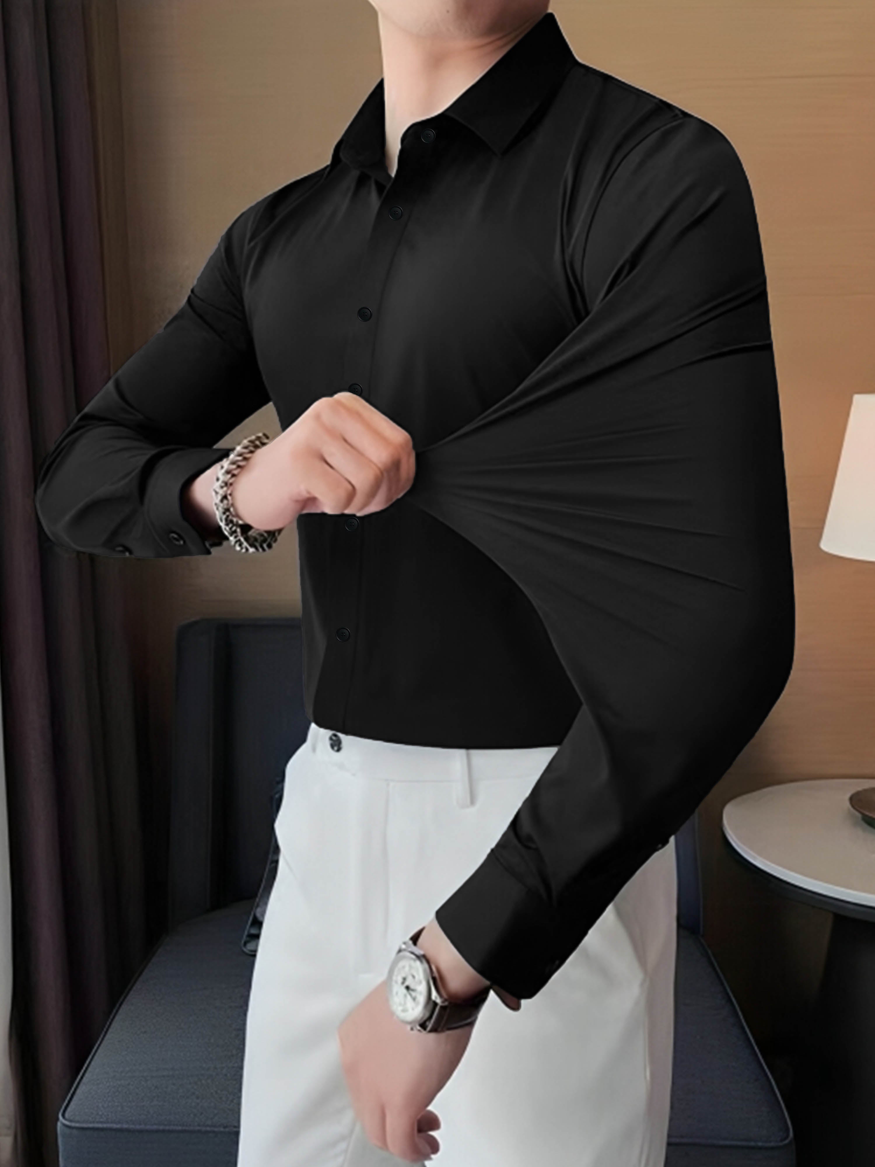 Slim Fit Plain Elastic Shirt In Black
