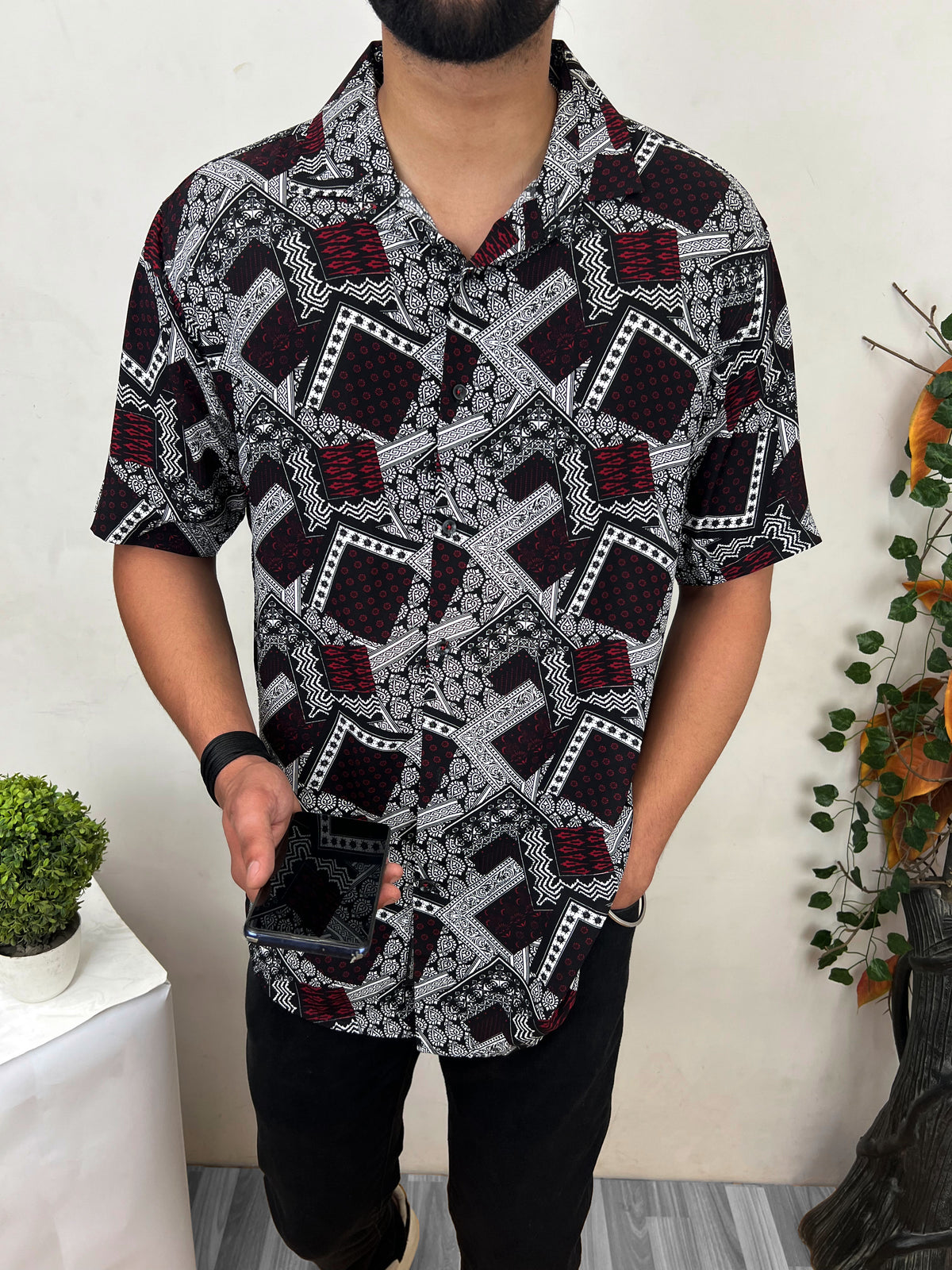 Bandana Pattern Half Sleeve Linen Casual Shirt In Maroon