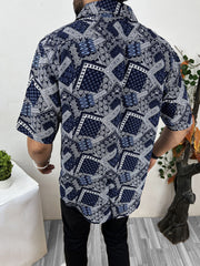 Bandana Pattern Half Sleeve Linen Casual Shirt In Navy Blue