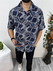 Bandana Pattern Half Sleeve Linen Casual Shirt In Navy Blue