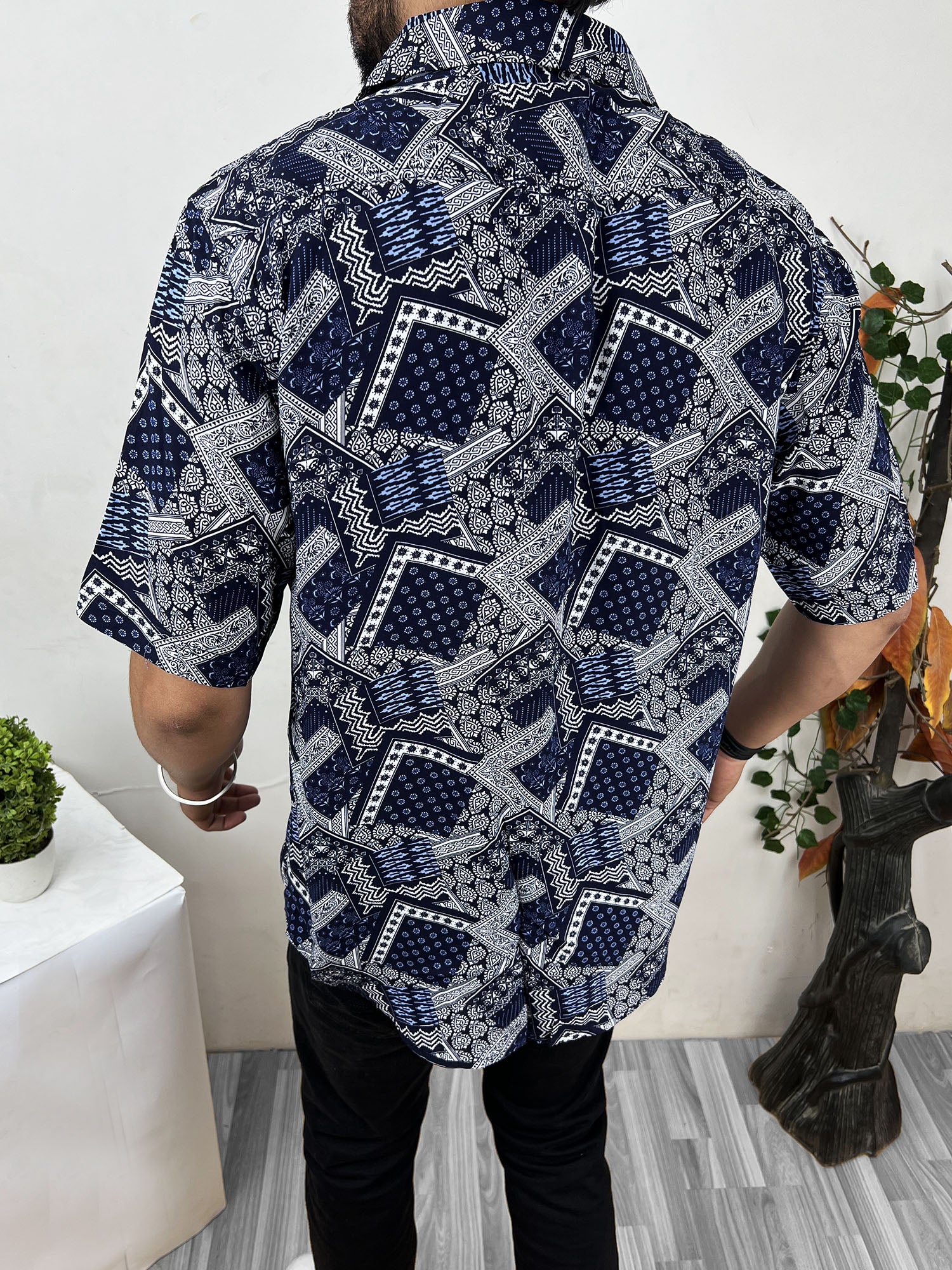 Bandana Pattern Half Sleeve Linen Casual Shirt In Navy Blue