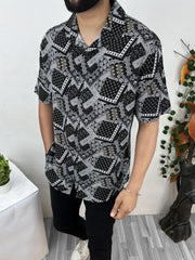 Bandana Pattern Half Sleeve Linen Casual Shirt In Black