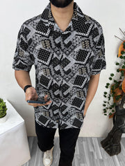 Bandana Pattern Half Sleeve Linen Casual Shirt In Black