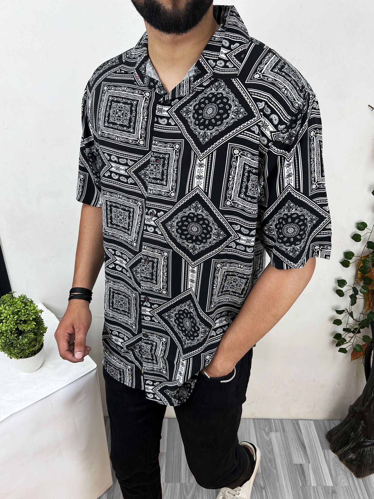 MonoChromatic Patterned Half Sleeve Linen Shirt