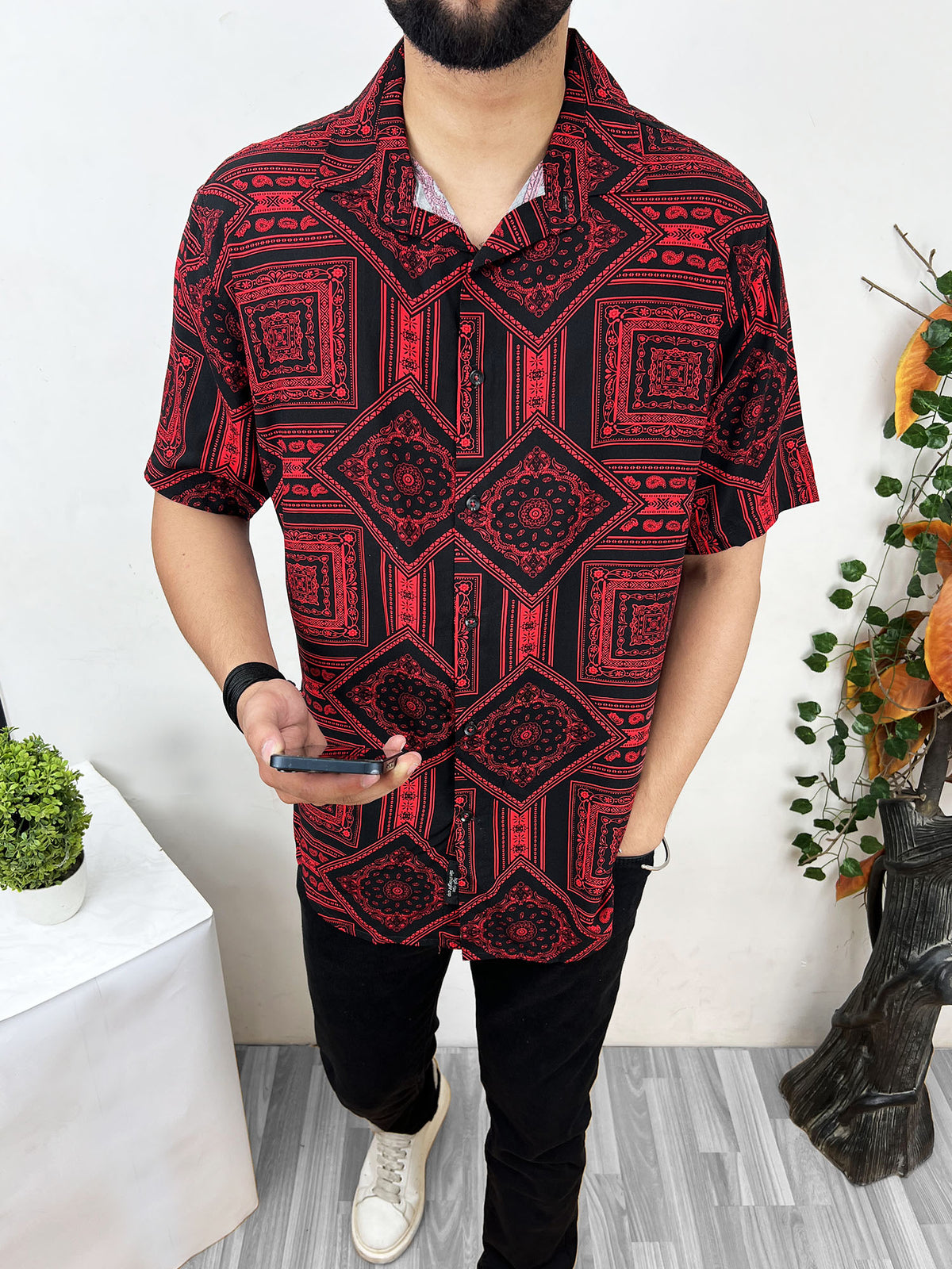 MonoChromatic Patterned Half Sleeve Linen Shirt In Red