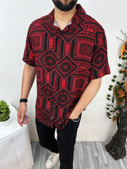 MonoChromatic Patterned Half Sleeve Linen Shirt In Red