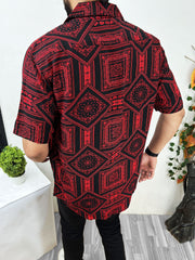 MonoChromatic Patterned Half Sleeve Linen Shirt In Red