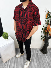 MonoChromatic Patterned Half Sleeve Linen Shirt In Red