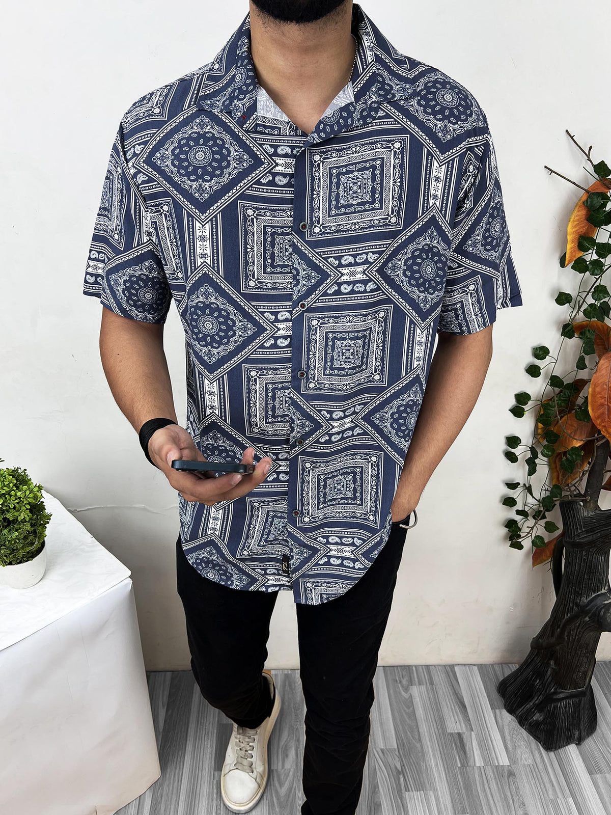 MonoChromatic Patterned Half Sleeve Linen Shirt