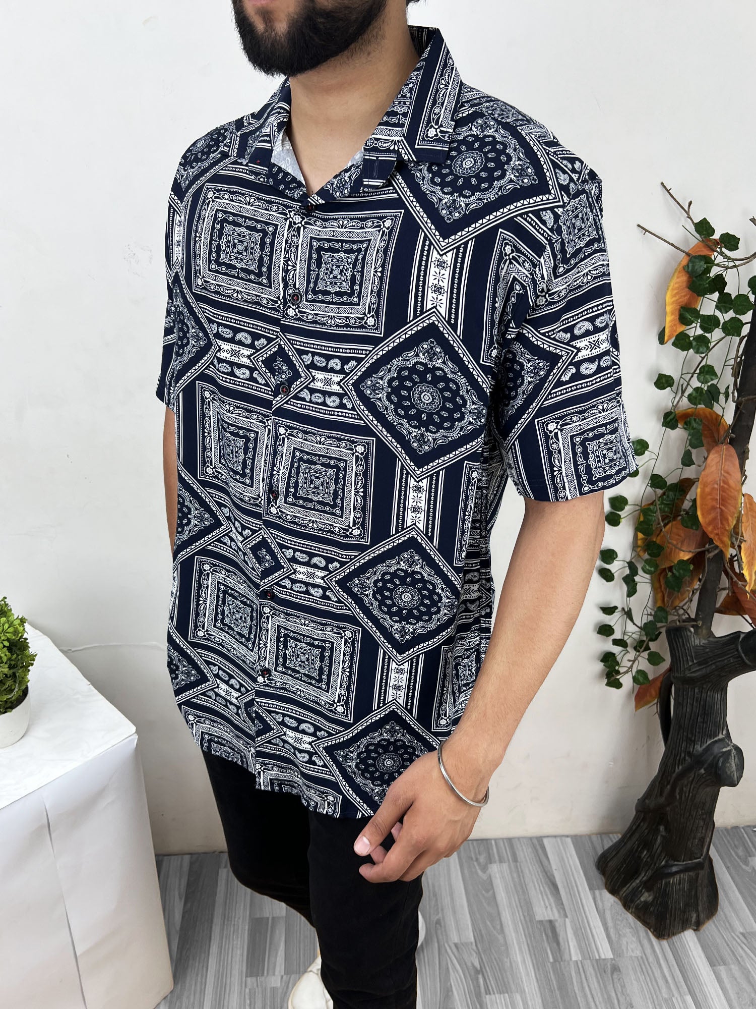 MonoChromatic Patterned Half Sleeve Linen Shirt