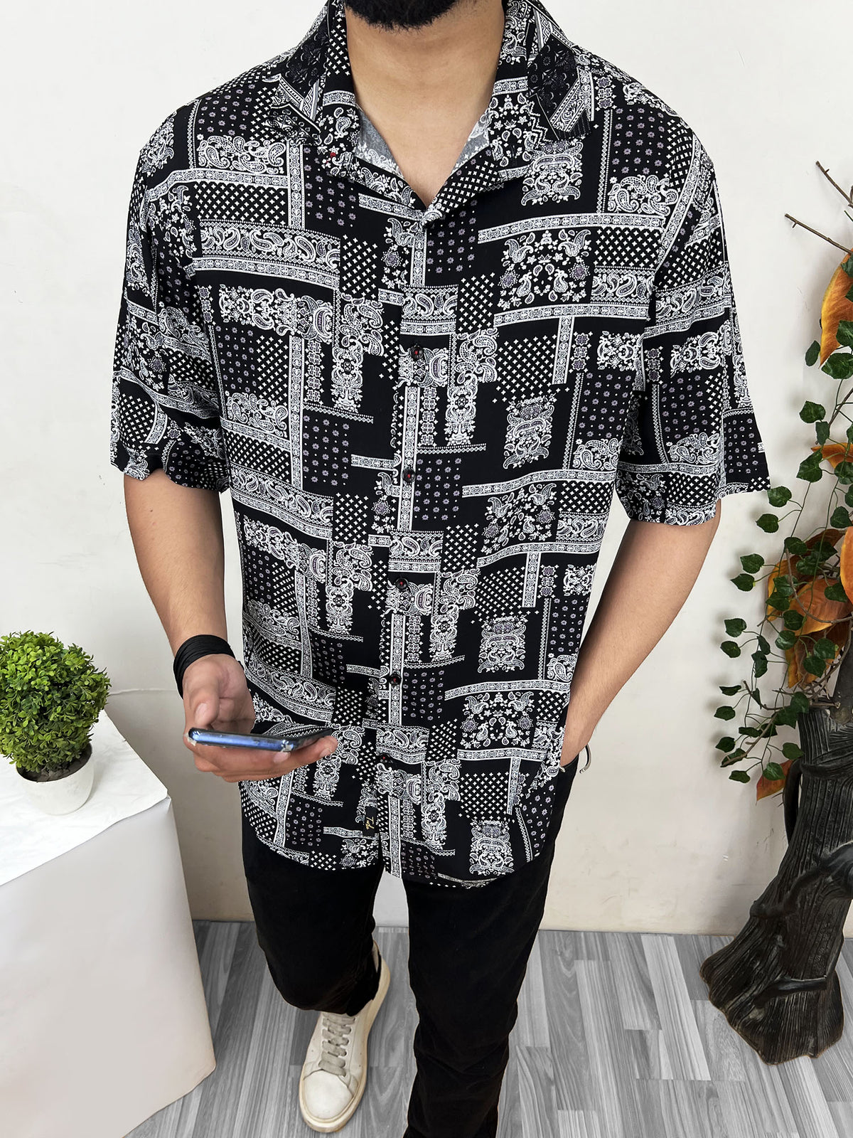 Bandana Squarix Digital Printed Linen Shirt In Black&White